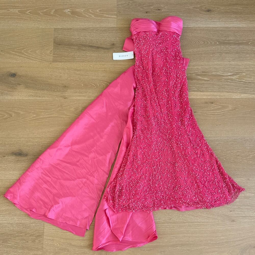 Azazie Maxi Dress Strapless Beaded Bow Amarylis Size US00 Fuchsia Pink